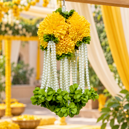 Artificial Yellow Flower & Pearl Bead Hanging Jhumar for Wedding & Festive Decoration – 27 cm | Pack of 10