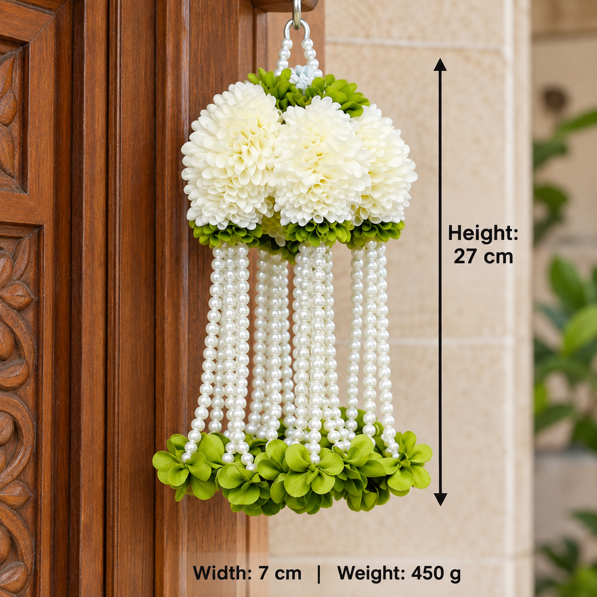 Artificial Ivory Flower & Pearl Bead Hanging Jhumar for Wedding & Festive Decoration – 27 cm | Pack of 10
