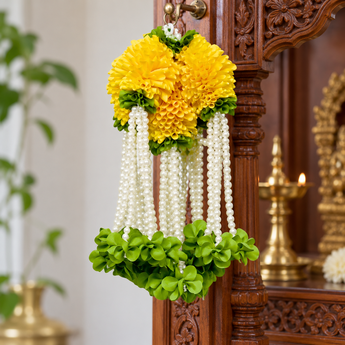 Artificial Yellow Flower & Pearl Bead Hanging Jhumar for Wedding & Festive Decoration – 27 cm | Pack of 10