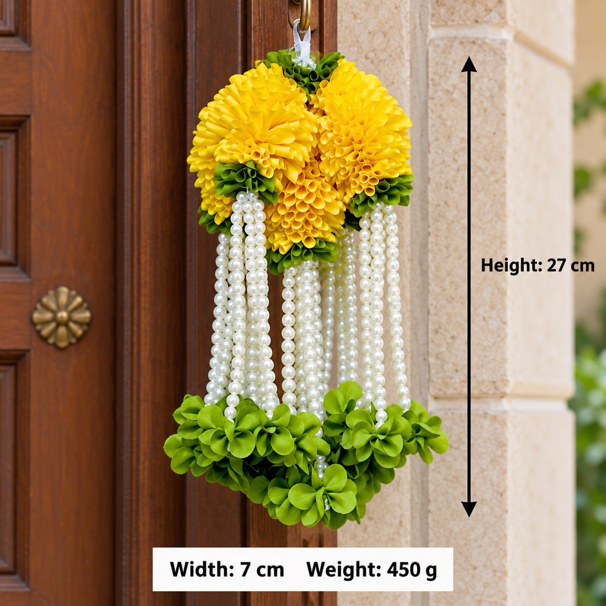 Artificial Yellow Flower & Pearl Bead Hanging Jhumar for Wedding & Festive Decoration – 27 cm | Pack of 10