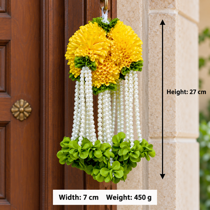Artificial Yellow Flower & Pearl Bead Hanging Jhumar for Wedding & Festive Decoration – 27 cm | Pack of 10