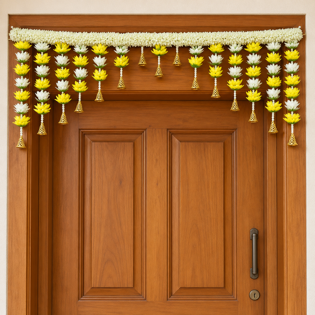 Artificial Yellow & Ivory Floral Door Toran with Golden Bells for Wedding & Festive Decoration – 104 cm | Pack of 1