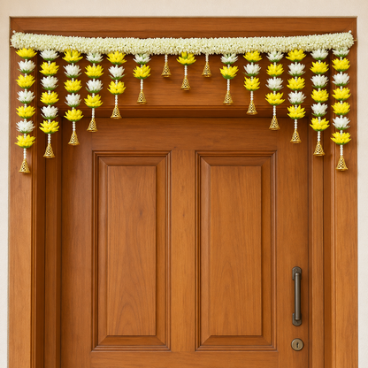 Artificial Yellow & Ivory Floral Door Toran with Golden Bells for Wedding & Festive Decoration – 104 cm | Pack of 1