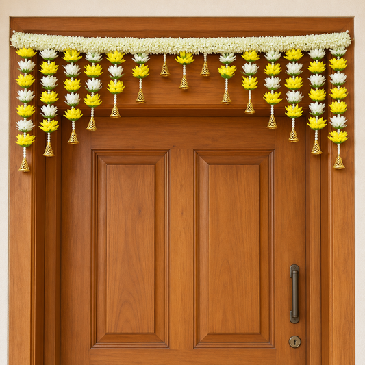 Artificial Yellow & Ivory Floral Door Toran with Golden Bells for Wedding & Festive Decoration – 104 cm | Pack of 1