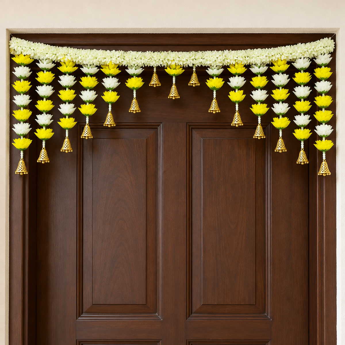 Artificial Yellow & Ivory Floral Door Toran with Golden Bells for Wedding & Festive Decoration – 104 cm | Pack of 1