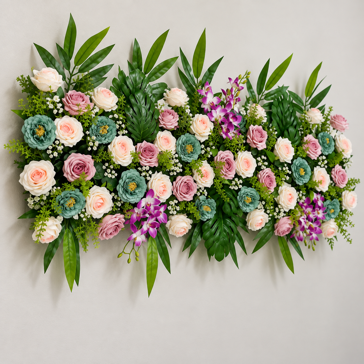 Artificial Pink & Ivory Rose Floral Channel Panel with Purple Orchids & Green Foliage for Wedding & Event Décor – 120 × 42 cm | Pack of 1