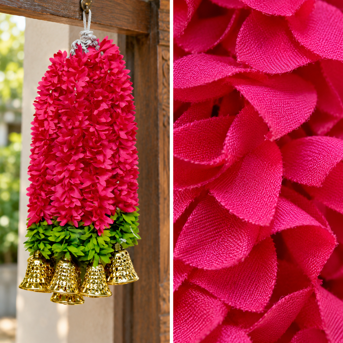 Artificial Magenta Floral Hanging Jhumar with Golden Bells for Wedding & Festive Decoration – 36 cm | Pack of 10