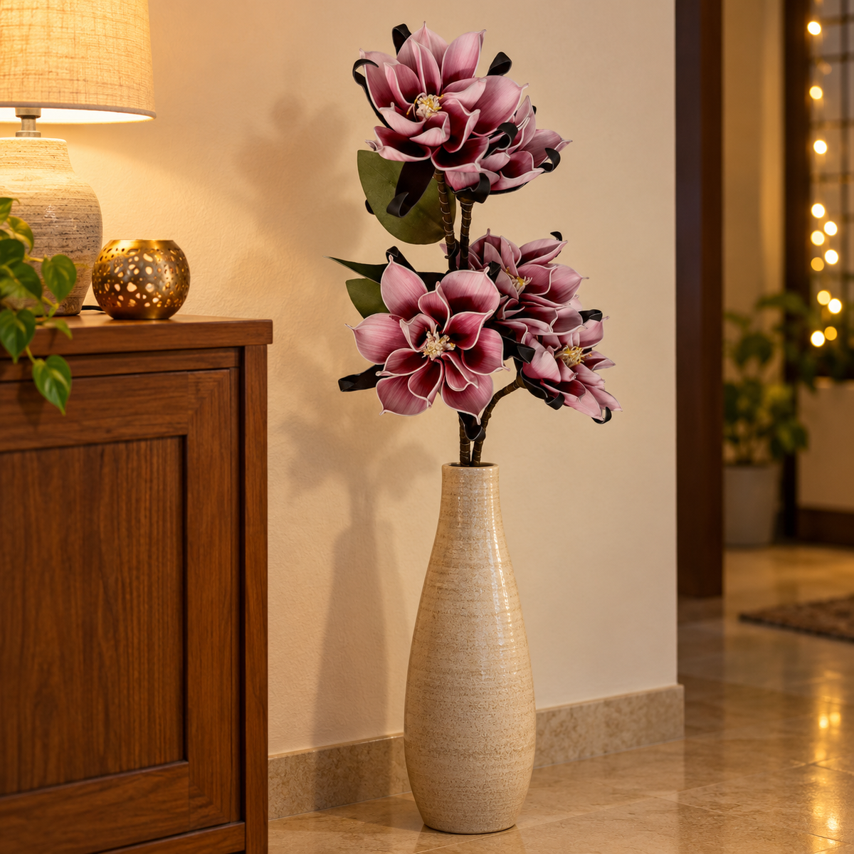 Artificial Mauve Pink Flower Stick with Black Accents – 120 cm Decorative Floral Spray for Home & Wedding Décor