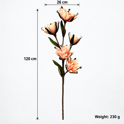 Artificial Peach & Cream Flower Stick with Black Petal Edges – 120 cm Decorative Floral Spray for Home & Wedding Décor