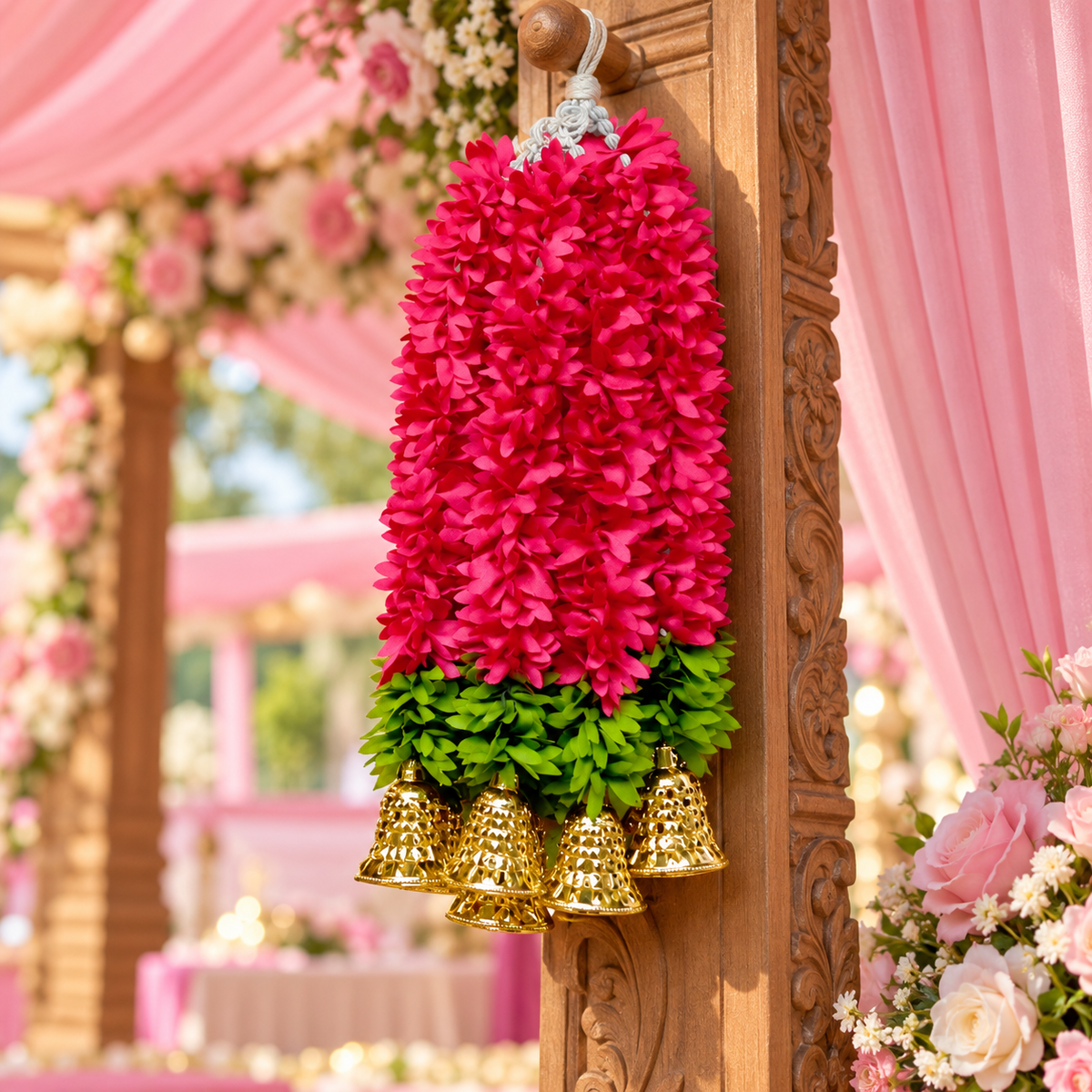 Artificial Magenta Floral Hanging Jhumar with Golden Bells for Wedding & Festive Decoration – 36 cm | Pack of 10