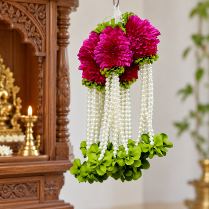 Artificial Magenta Flower & Pearl Bead Hanging Jhumar for Wedding & Festive Decoration – 27 cm | Pack of 10