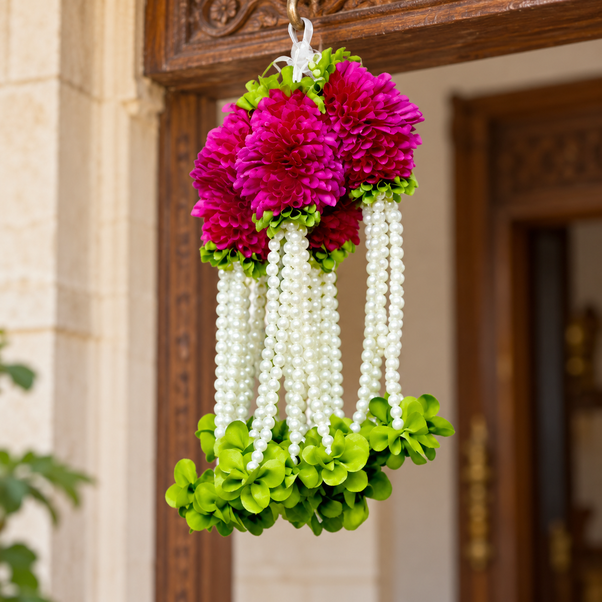 Artificial Magenta Flower & Pearl Bead Hanging Jhumar for Wedding & Festive Decoration – 27 cm | Pack of 10