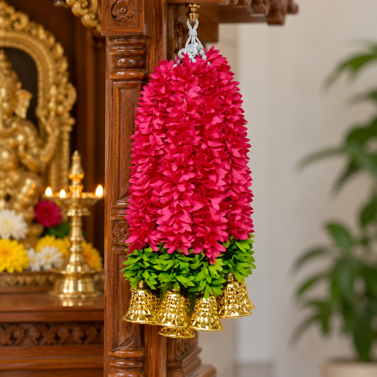Artificial Magenta Floral Hanging Jhumar with Golden Bells for Wedding & Festive Decoration – 36 cm | Pack of 10