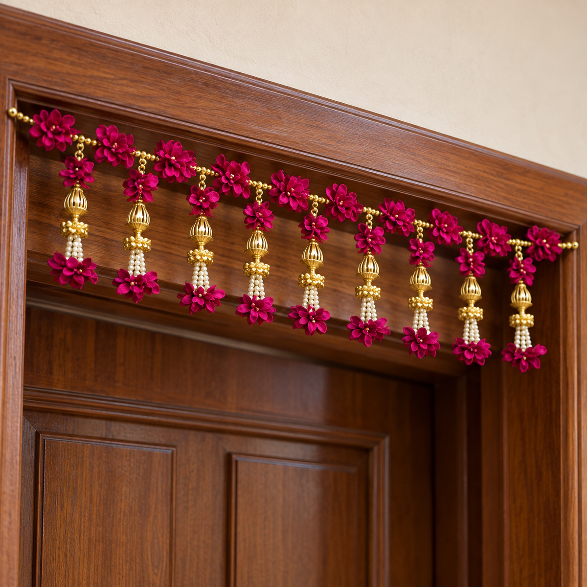 Artificial Magenta Floral Door Toran with Golden Ornaments & Pearl Beads for Wedding & Festive Decoration – 103 cm | Pack of 1