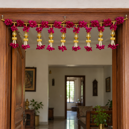 Artificial Magenta Floral Door Toran with Golden Ornaments & Pearl Beads for Wedding & Festive Decoration – 103 cm | Pack of 1