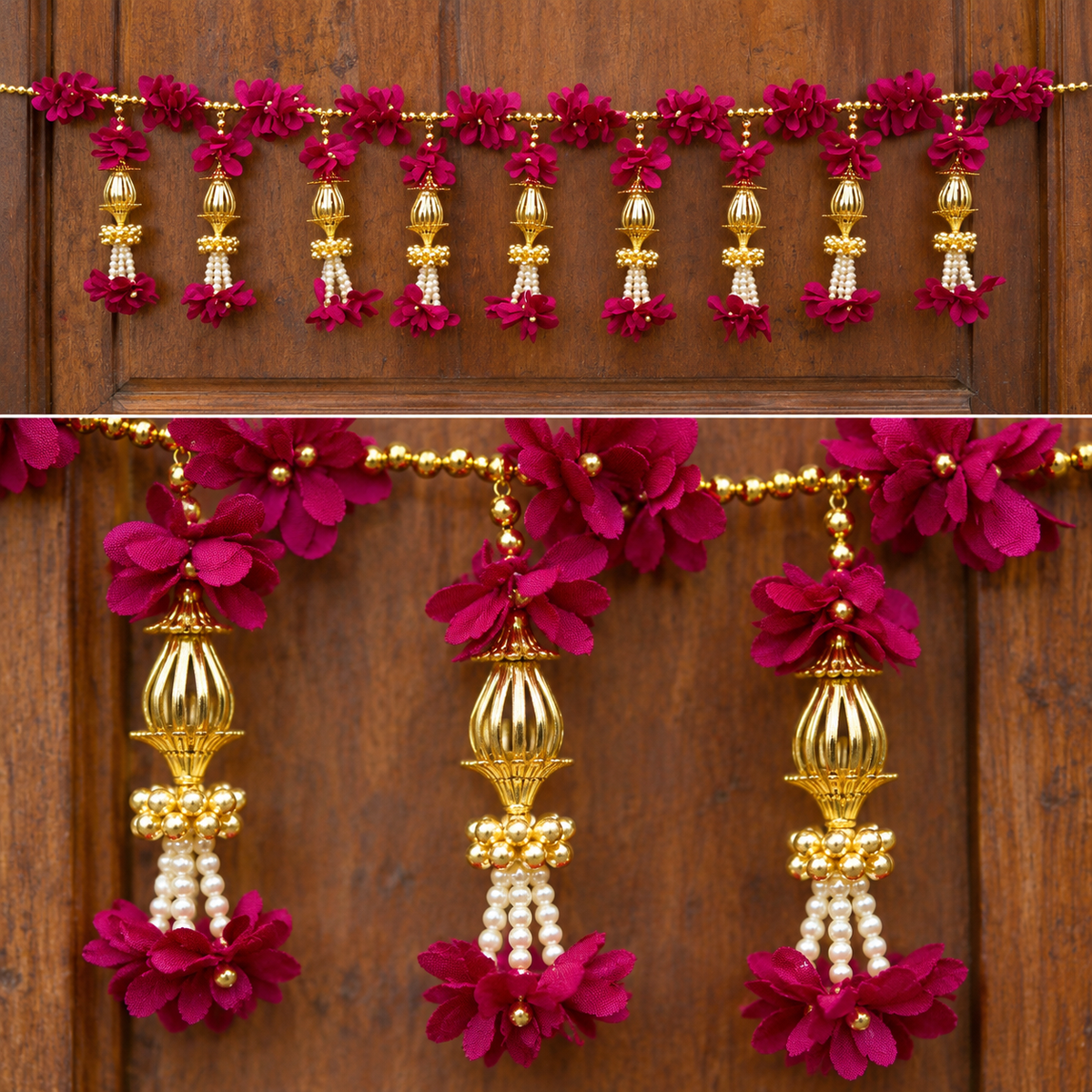 Artificial Magenta Floral Door Toran with Golden Ornaments & Pearl Beads for Wedding & Festive Decoration – 103 cm | Pack of 1