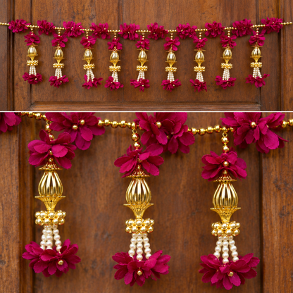 Artificial Magenta Floral Door Toran with Golden Ornaments & Pearl Beads for Wedding & Festive Decoration – 103 cm | Pack of 1