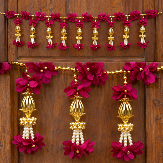 Artificial Magenta Floral Door Toran with Golden Ornaments & Pearl Beads for Wedding & Festive Decoration – 103 cm | Pack of 1