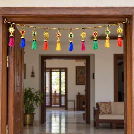 Multicolour Tassel Door Toran with Golden Circular Ornaments for Wedding & Festive Decoration – 102 cm | Pack of 1