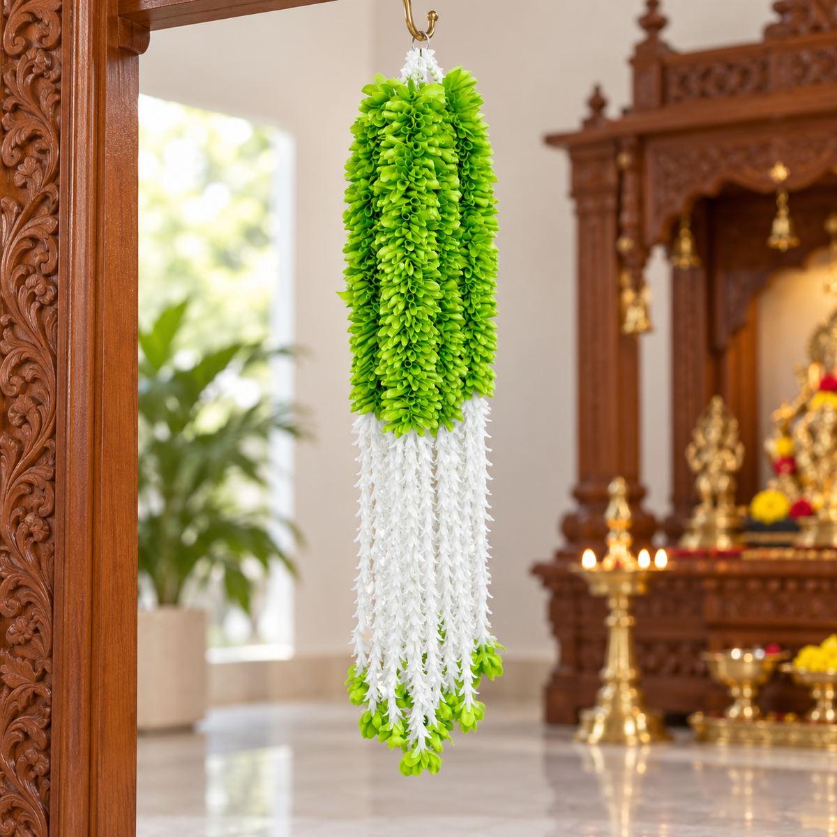Artificial Green & White Floral Hanging Jhumar for Wedding & Festive Decoration – 65 cm | Pack of 10