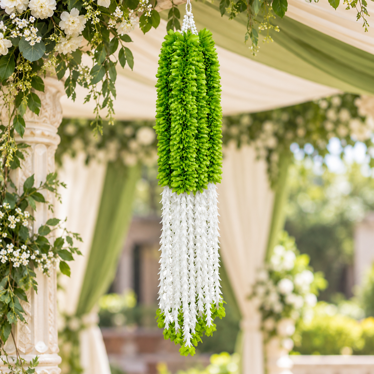 Artificial Green & White Floral Hanging Jhumar for Wedding & Festive Decoration – 65 cm | Pack of 10