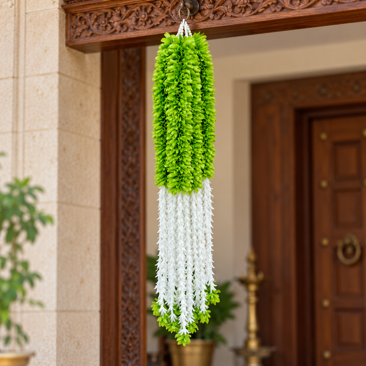 Artificial Green & White Floral Hanging Jhumar for Wedding & Festive Decoration – 65 cm | Pack of 10
