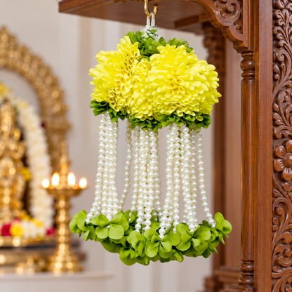 Artificial Lemon Yellow Flower & Pearl Bead Hanging Jhumar for Wedding & Festive Decoration – 27 cm | Pack of 10