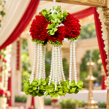 Artificial Red Flower & Pearl Bead Hanging Jhumar for Wedding & Festive Decoration – 27 cm | Pack of 10