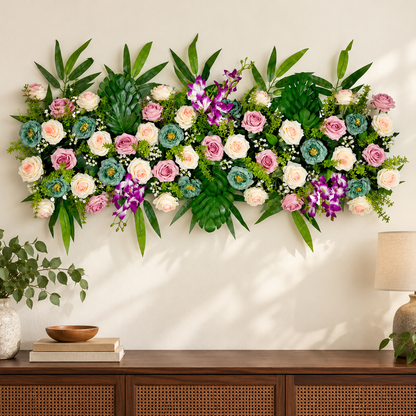 Artificial Pink & Ivory Rose Floral Channel Panel with Purple Orchids & Green Foliage for Wedding & Event Décor – 120 × 42 cm | Pack of 1