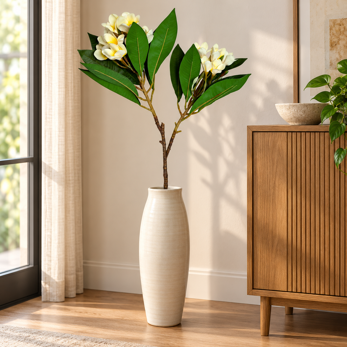 Artificial White & Yellow Plumeria Flower Stick – 110 cm Champa Floral Branch for Home, Vases & Wedding Décor