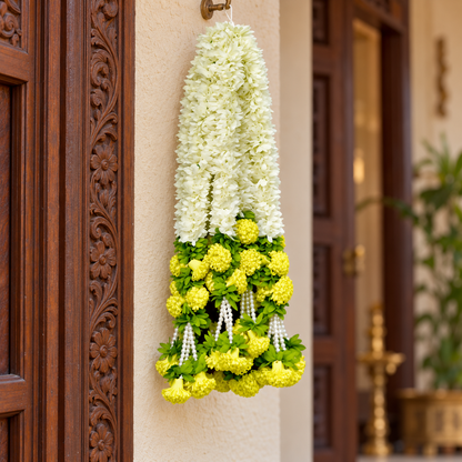 Artificial Ivory & Yellow Floral Hanging Jhumar with Pearl Beads for Wedding & Festive Decoration – 47 cm | Pack of 10