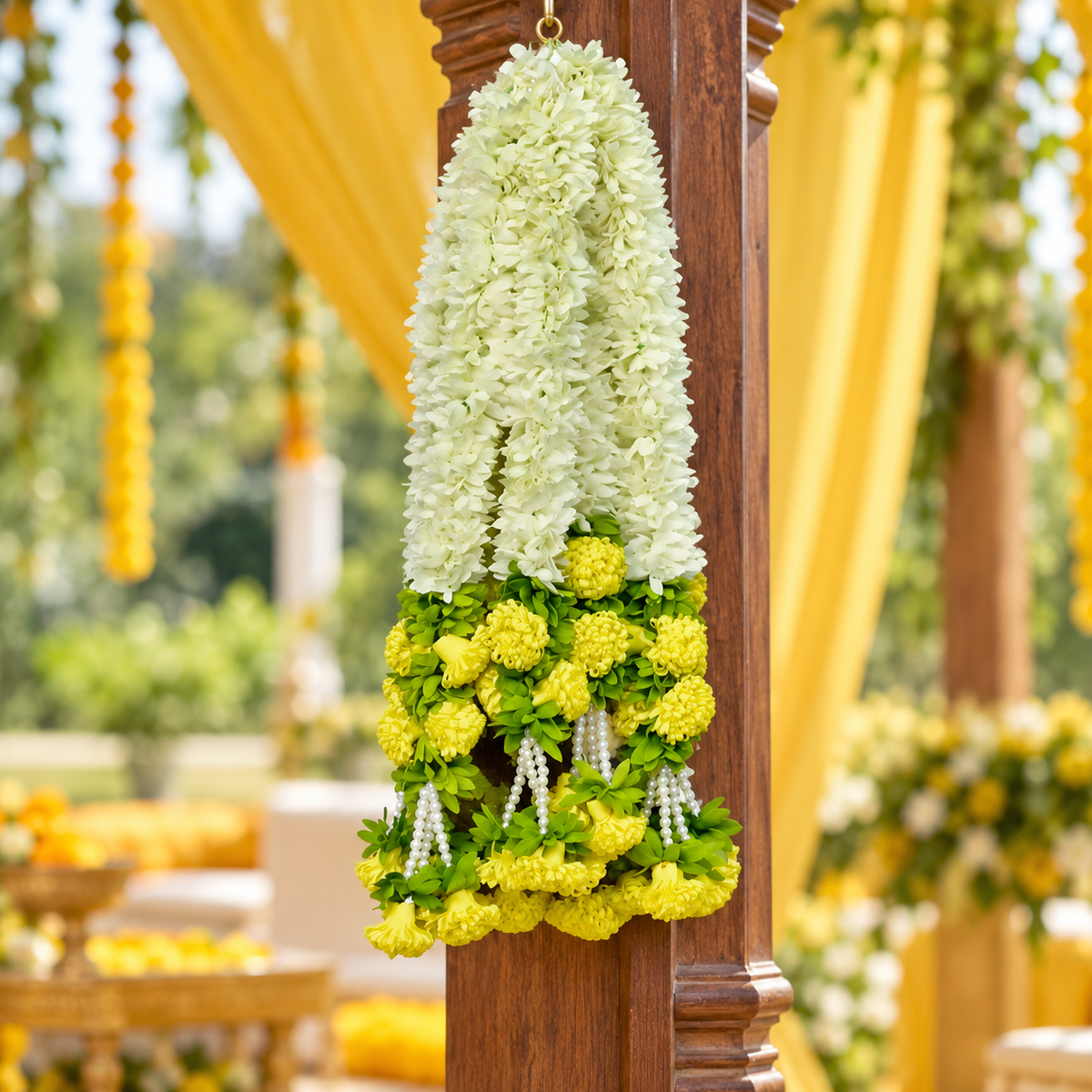 Artificial Ivory & Yellow Floral Hanging Jhumar with Pearl Beads for Wedding & Festive Decoration – 47 cm | Pack of 10