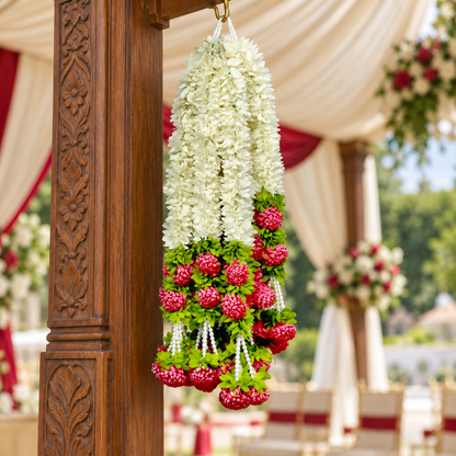 Artificial Ivory & Red Floral Hanging Jhumar with Pearl Beads for Wedding & Festive Decoration – 47 cm | Pack of 10