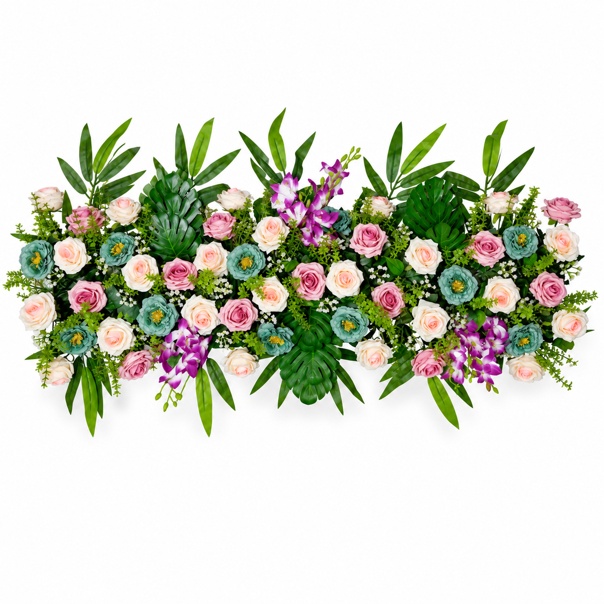 Artificial Pink & Ivory Rose Floral Channel Panel with Purple Orchids & Green Foliage for Wedding & Event Décor – 120 × 42 cm | Pack of 1