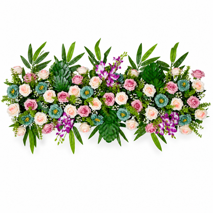 Artificial Pink & Ivory Rose Floral Channel Panel with Purple Orchids & Green Foliage for Wedding & Event Décor – 120 × 42 cm | Pack of 1