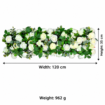 Artificial Ivory Rose Floral Channel Panel with Green Foliage for Wedding & Event Décor – 120 × 35 cm