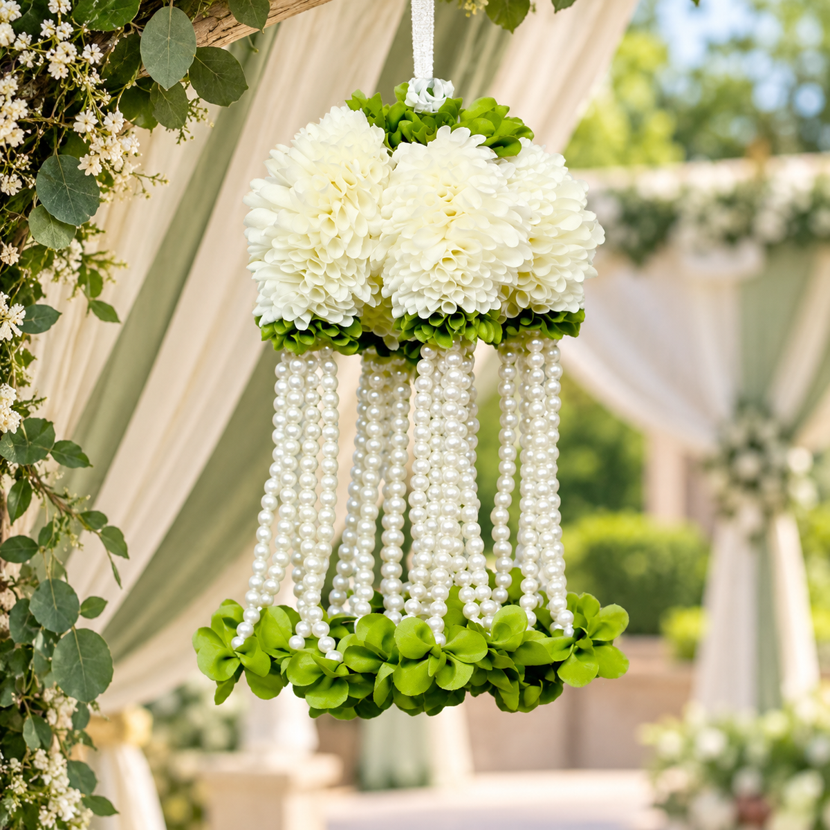 Artificial Ivory Flower & Pearl Bead Hanging Jhumar for Wedding & Festive Decoration – 27 cm | Pack of 10