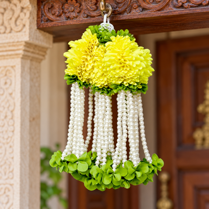 Artificial Lemon Yellow Flower & Pearl Bead Hanging Jhumar for Wedding & Festive Decoration – 27 cm | Pack of 10