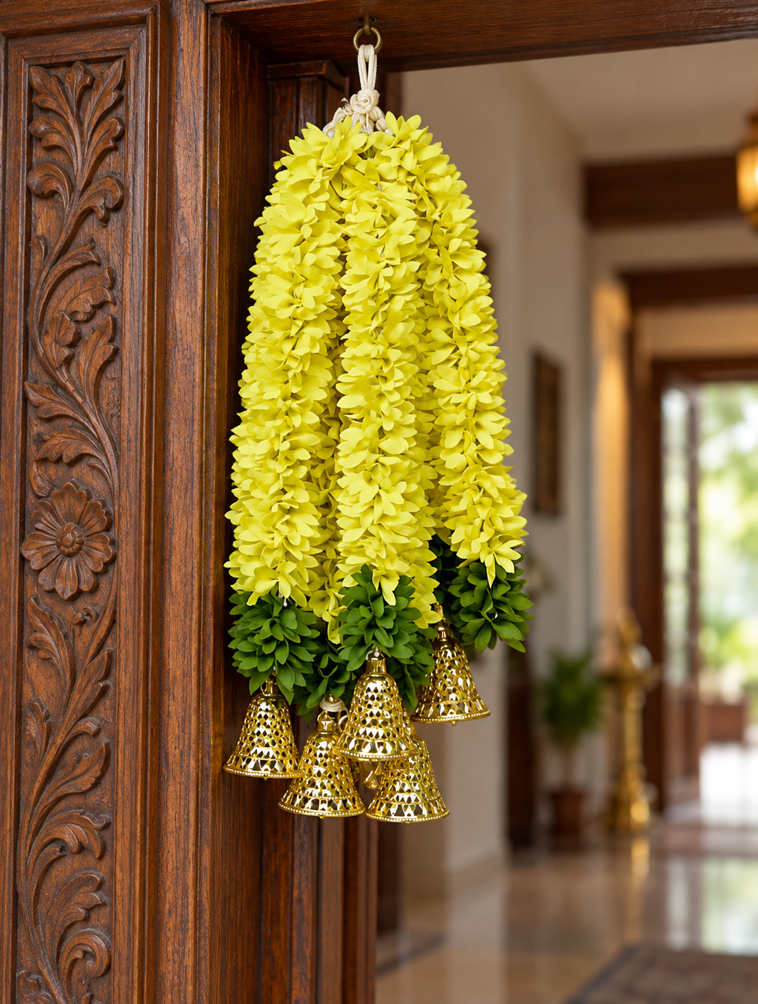 Artificial Lemon Yellow Floral Hanging Jhumar with Golden Bells for Wedding & Festive Decoration – 36 cm | Pack of 10