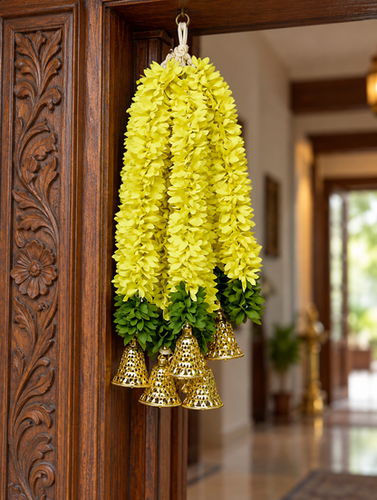 Artificial Lemon Yellow Floral Hanging Jhumar with Golden Bells for Wedding & Festive Decoration – 36 cm | Pack of 10