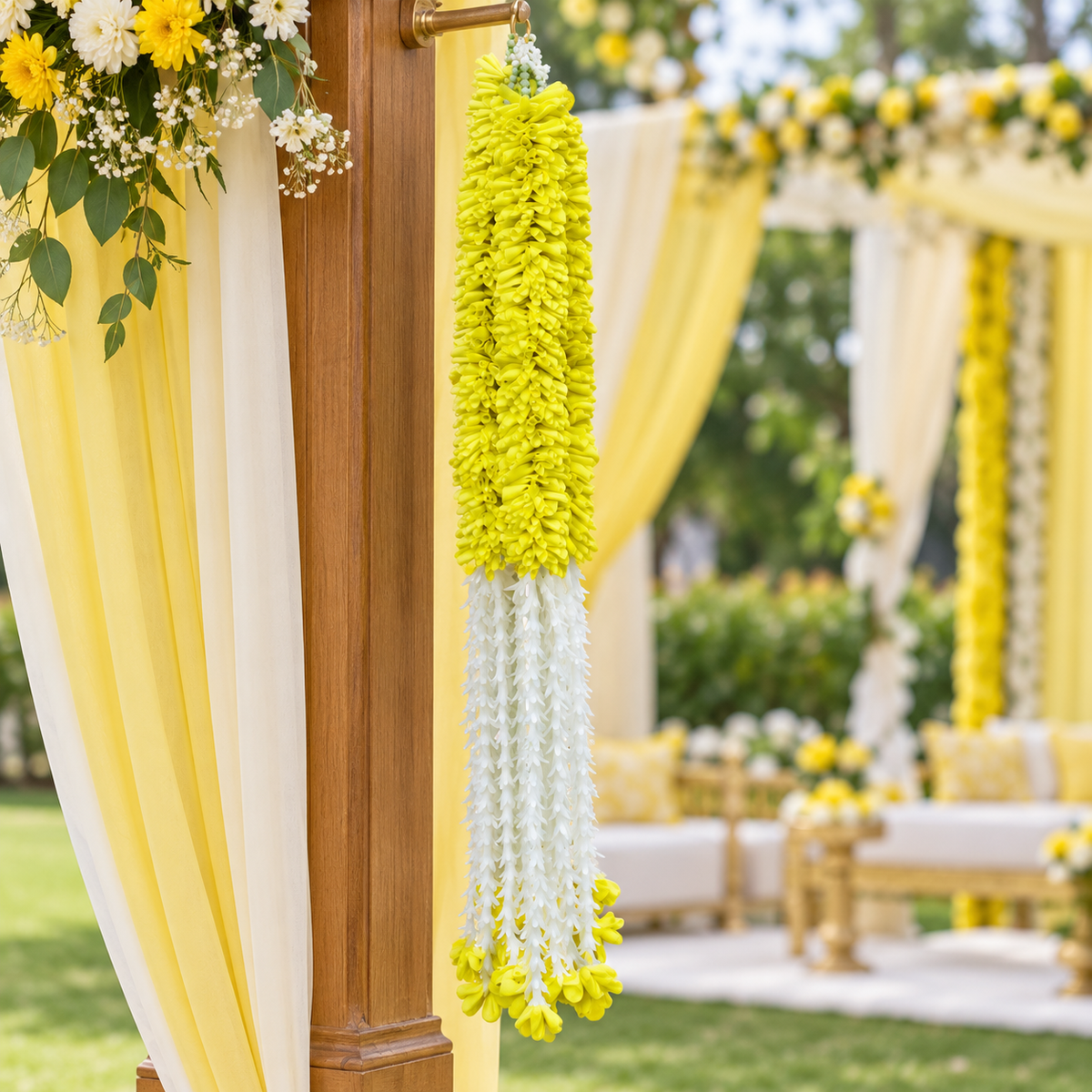 Artificial Lemon Yellow & White Floral Hanging Jhumar for Wedding & Festive Decoration – 65 cm | Pack of 10