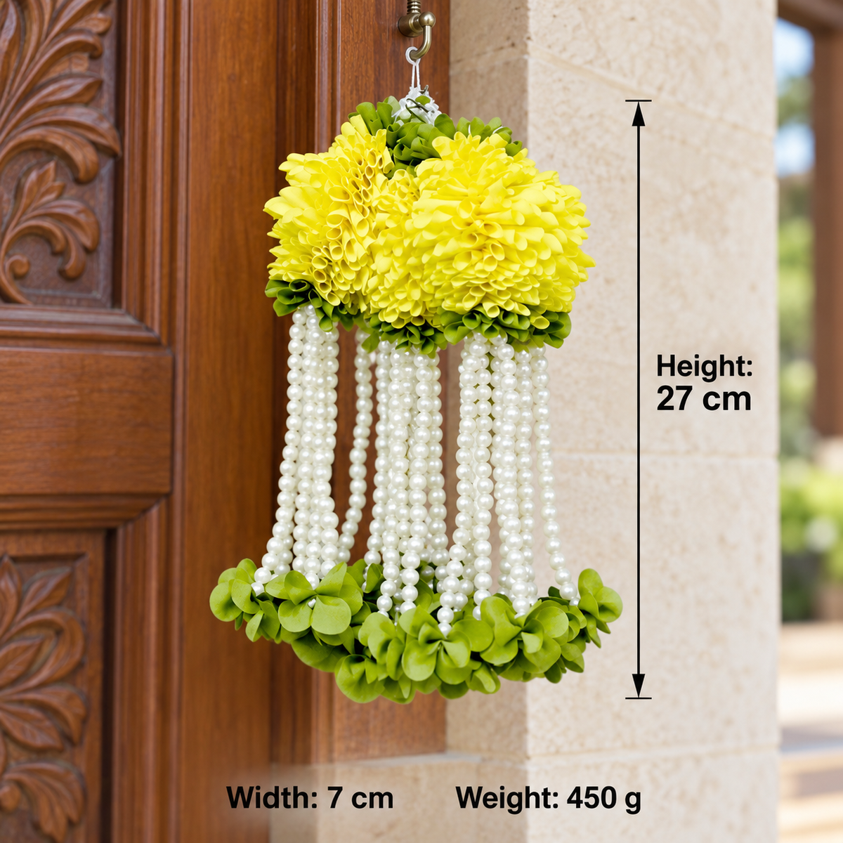 Artificial Lemon Yellow Flower & Pearl Bead Hanging Jhumar for Wedding & Festive Decoration – 27 cm | Pack of 10