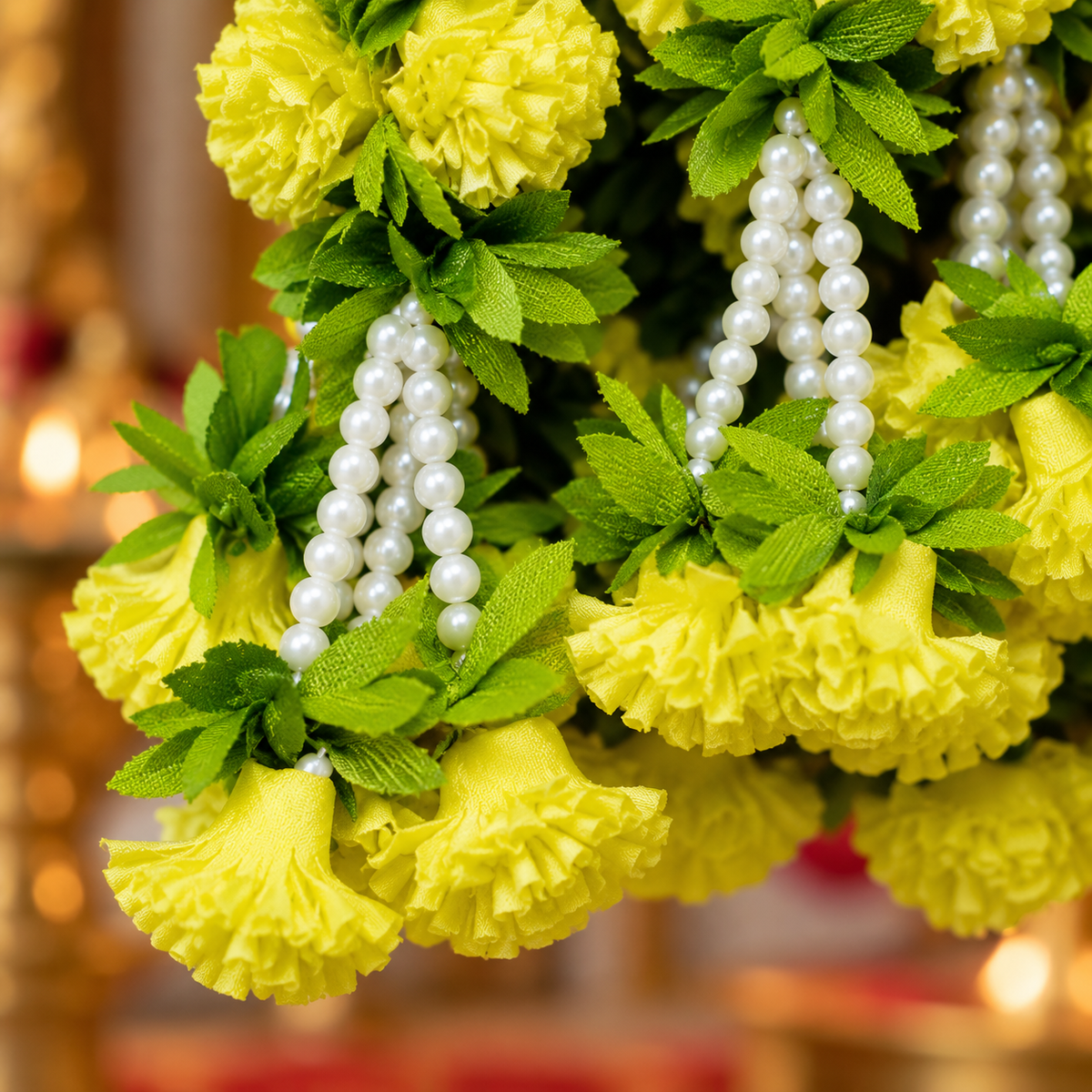 Artificial Ivory & Yellow Floral Hanging Jhumar with Pearl Beads for Wedding & Festive Decoration – 47 cm | Pack of 10