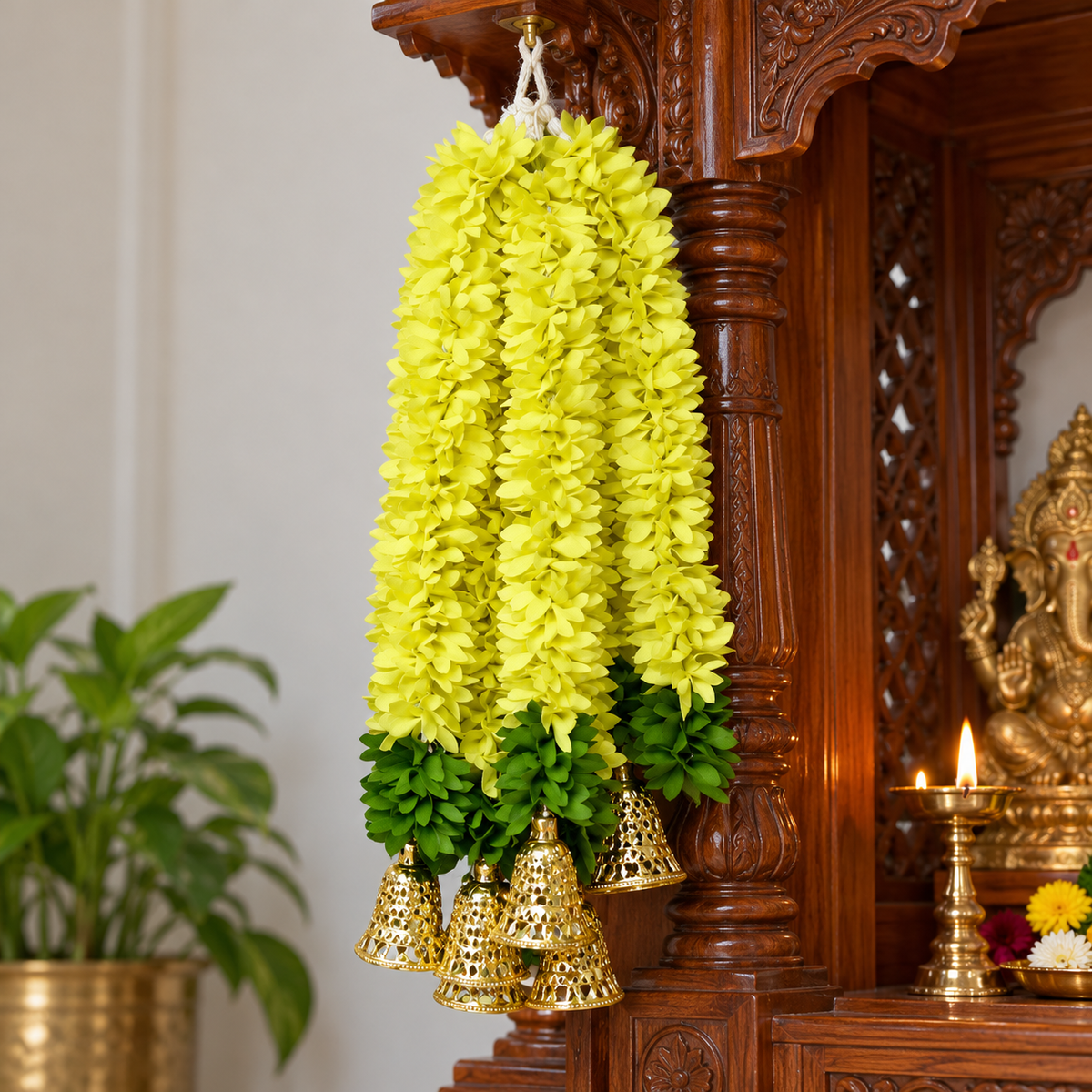 Artificial Lemon Yellow Floral Hanging Jhumar with Golden Bells for Wedding & Festive Decoration – 36 cm | Pack of 10