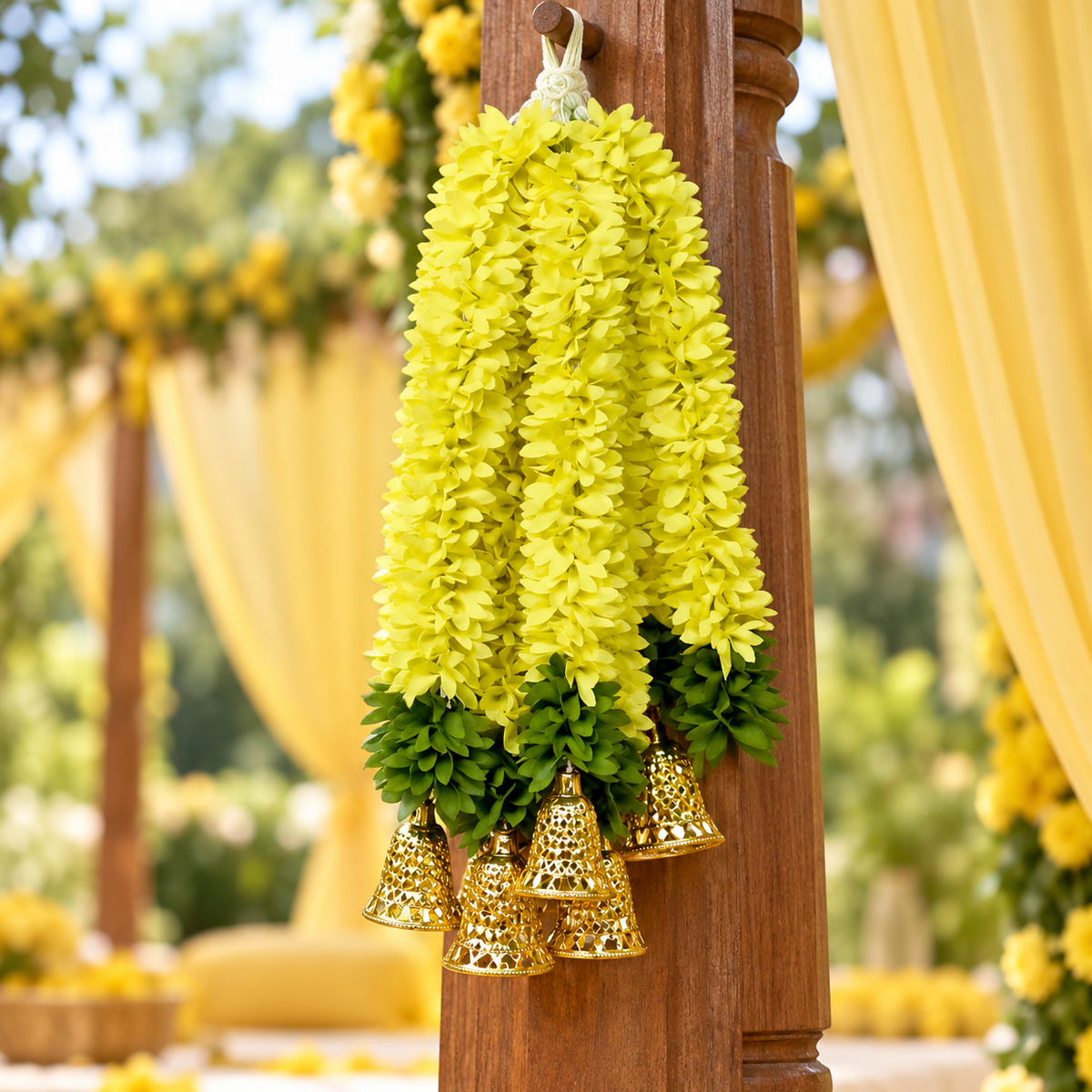 Artificial Lemon Yellow Floral Hanging Jhumar with Golden Bells for Wedding & Festive Decoration – 36 cm | Pack of 10