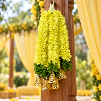 Artificial Lemon Yellow Floral Hanging Jhumar with Golden Bells for Wedding & Festive Decoration – 36 cm | Pack of 10