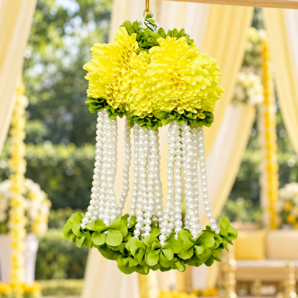 Artificial Lemon Yellow Flower & Pearl Bead Hanging Jhumar for Wedding & Festive Decoration – 27 cm | Pack of 10