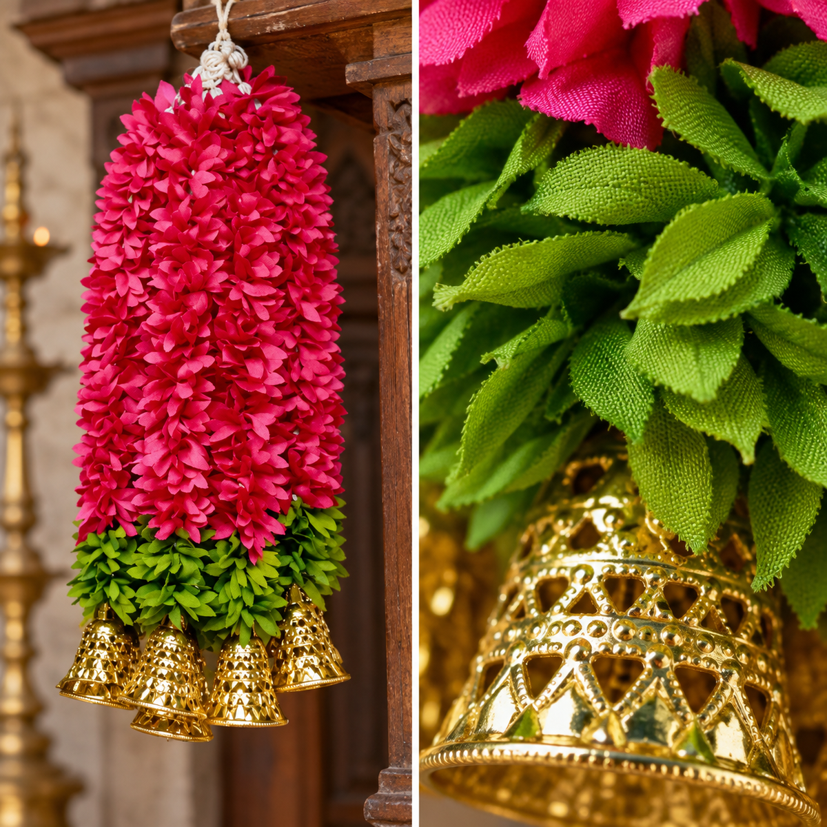 Artificial Magenta Floral Hanging Jhumar with Golden Bells for Wedding & Festive Decoration – 36 cm | Pack of 10
