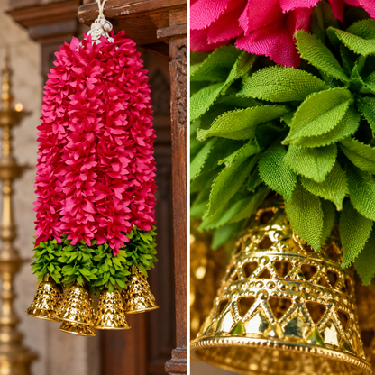 Artificial Magenta Floral Hanging Jhumar with Golden Bells for Wedding & Festive Decoration – 36 cm | Pack of 10
