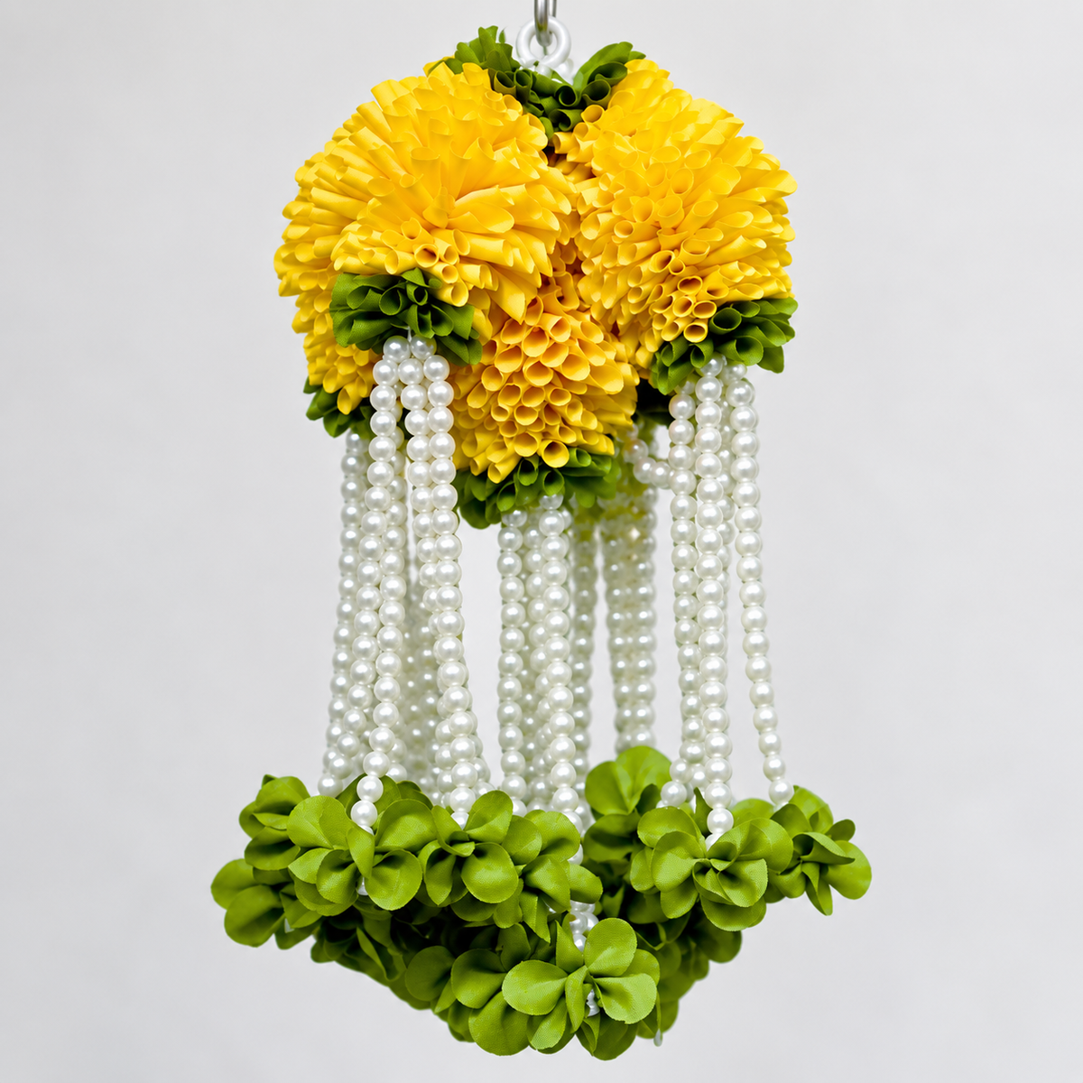Artificial Yellow Flower & Pearl Bead Hanging Jhumar for Wedding & Festive Decoration – 27 cm | Pack of 10
